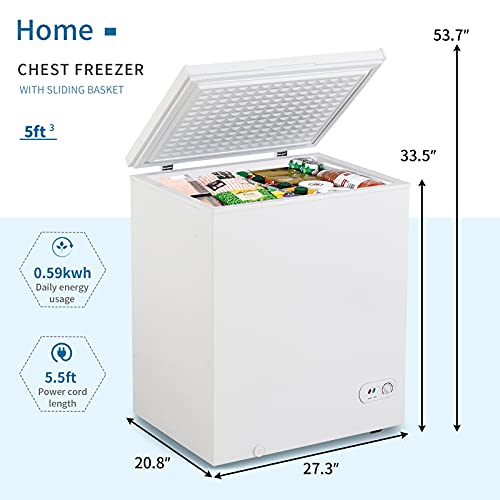 Compact Chest Freezer with Removable Storage Basket and 5 Cubic Feet Capacity Mini Outdoor Chest Freezer ideal for Apartment,Condo,Office,RV,Cabin,Small Kitchen (5.0 cu.ft, 27.3'' x 20.8'' x 32.9'')