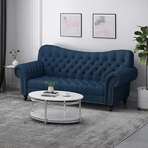 Christopher Knight Home Nathan Chesterfield Button Tufted Fabric 3 Seater Sofa, Navy Blue, Dark Brown