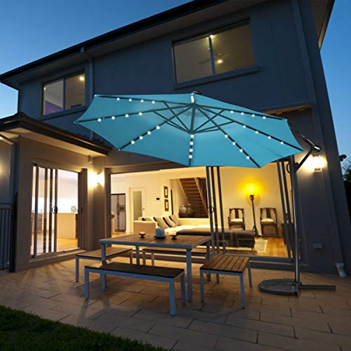 10FT Home Patio Offset Umbrella w/Solar Powered LED 360° Rotation Aluminum Turquoise