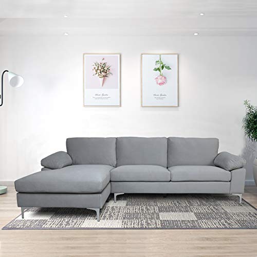 STARTO Upholstered Modern Sectional Sofa Furniture Set for Living Room Velvet L Shaped Chaise 3 Seat Sofá Corner Couch with Metal Leg Left Hand Facing, Light Grey