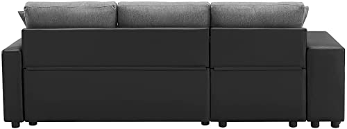 GAOPAN 92.5'' Sectional Sofa Convertible Pull-Out Sleeper Couch Bed, L-Shaped Linen Fabric Sofá w/Reversible Storage Chaise Lounge and 2 Stools Steel for Living Room Office Furniture Set, Drak Gray