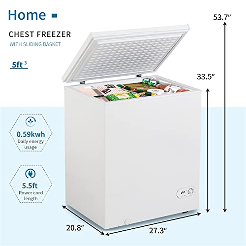 TIMOSS 5 cu.ft Chest Freezer Removable Storage Basket Top Open Door Freezing Machine for Home and Kitchen/Dorm/Bar/Office, 7 Adjustable Temperature Settings