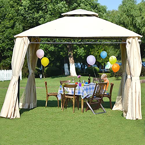 HENGHOLD 10x10FT Outdoor Double Roof Gazebo Canopy Aluminum Frame Grill Pergolas with Netting and Curtains for Garden,Patio,Lawns,Terraces,Parties