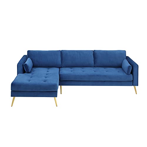 Sectional Sofa with Two Pillows, L-Shape Upholstered Couch with Modern Elegant Velvet for Living Room Apartment (Blue)