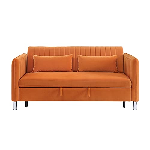 Lexicon Greenway Velvet Upholstered Click Clack Convertible Sofa in Orange