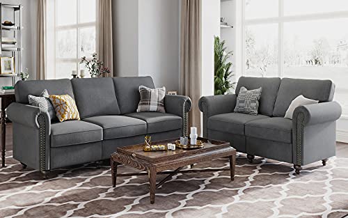 Nolany Classic Sofa and Loveseat Set Mid-Century Upholstered 2 Piece Sofa Couch Set for Living Room Traditional Scrolled Arm Sofa Sets in Grey