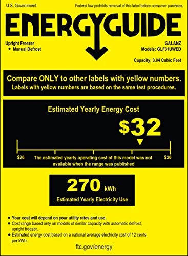 Galanz GLF31UWED Upright Freezer Single Door Fridge with Mechanical Temperature Control, 3.1 Cu.Ft White