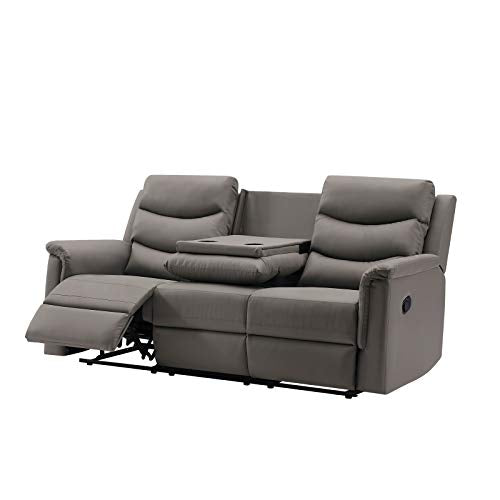 PU Leather Recliner Sofa, Modern Reclining Loveseat with Cup Holder and Console Slate, 2-Seater Sofa with Flipped Middle Backrest, Theater Seating for Living Room/Home Furniture (Gray, 3 Seater)