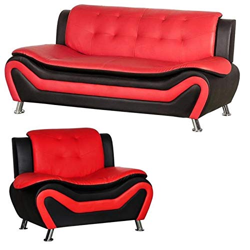 2 Piece Living Room Set with 2 Tone Sofa and Armchair in Black/Red