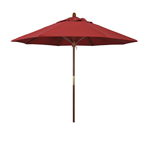 California Umbrella 9' Round Hardwood Frame Market Umbrella, Stainless Steel Hardware, Push Open, Red Olefin