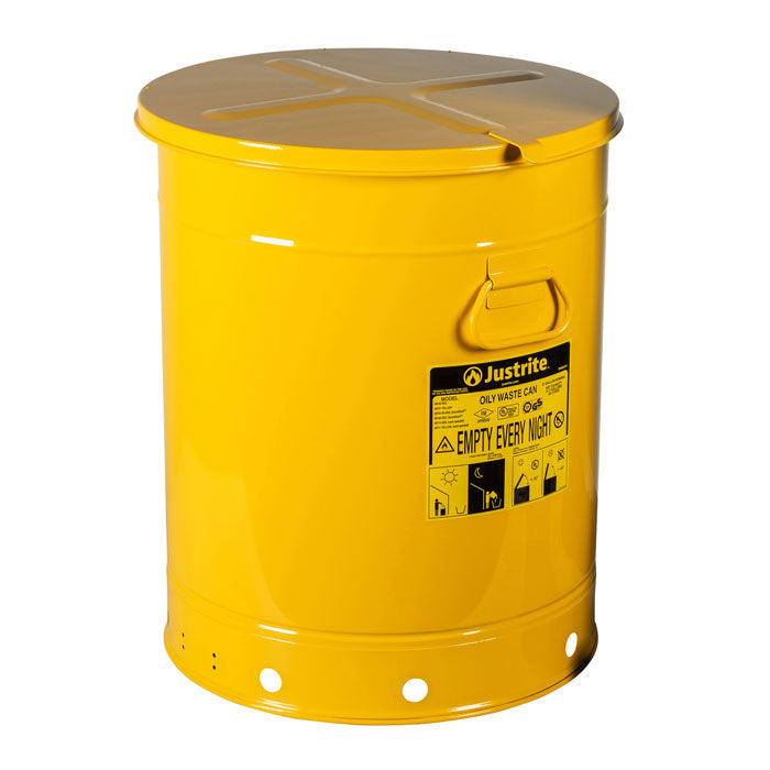 Justrite Oily Waste Can, 21 Gallon, Hand-Operated Cover, Yellow