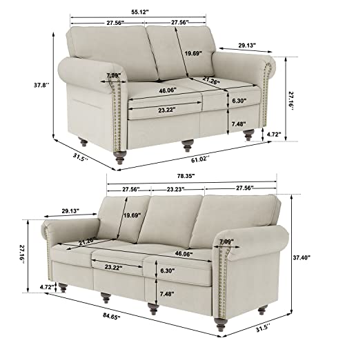 Nolany Traditional 2 Piece Living Room Sofa Set Upholstered Fabric 3 Seats Sofa Couch and Loveseat Set Rolled Arm Sofa Sets, Light Beige