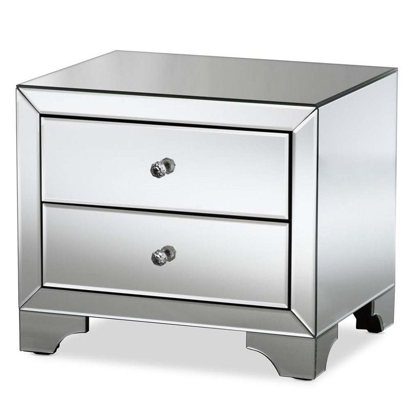 Baxton Studio Farrah Mirrored 2 Drawer Nightstand in Silver
