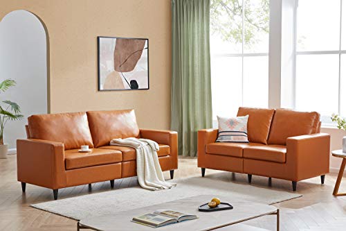 STARTOGOO Leather 2 Piece Living Room Sofa Sets, Modern Upholstered Loveseat and Couch Furniture, Solid Frame and Wood Legs PU(5 Seat), 2+3, Brown 6