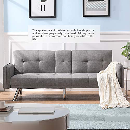 AINN 74 inches Soft Futon Sofa Bed Twin, Convertable Loveseat Sofa Couch with Cup Holder, Cushioned Folding Sleeper Sofa Bed for Living Room, Bedroom, Apartment and Small Space, Light Gray Type-B