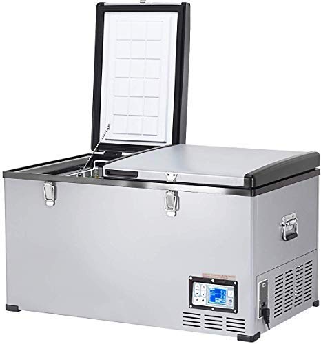 ReunionG 84-Quart Mini Refrigerator with LCD Display and LED Lights, Electric Vehicle Freezer with Temperature Adjustment and Handles, Portable Travel Cooler Fridge for RV, Home and Office, Gray