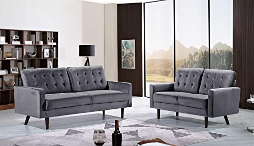 Container Furniture Direct Celestina Mid Century Modern Velvet Upholstered Living Room Sofa Set, 2 Piece, Grey