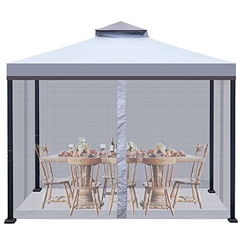 Hofzelt Ocala 10 x 10 Ft Gazebo Double Tier Patio Canopy Steel Frame with 4 Side Mosquito Netting and One Side Curtain (Dark Grey)