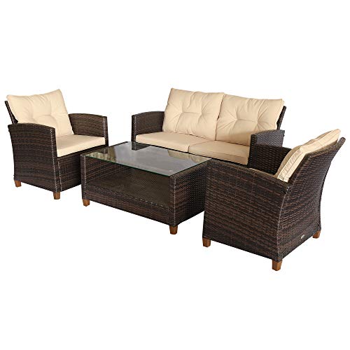 Outsunny 4-Piece Outdoor Patio Rattan Furniture Set with 2 Chairs, 1 Double Couch, & a Coffee Table & Cushions, Beige