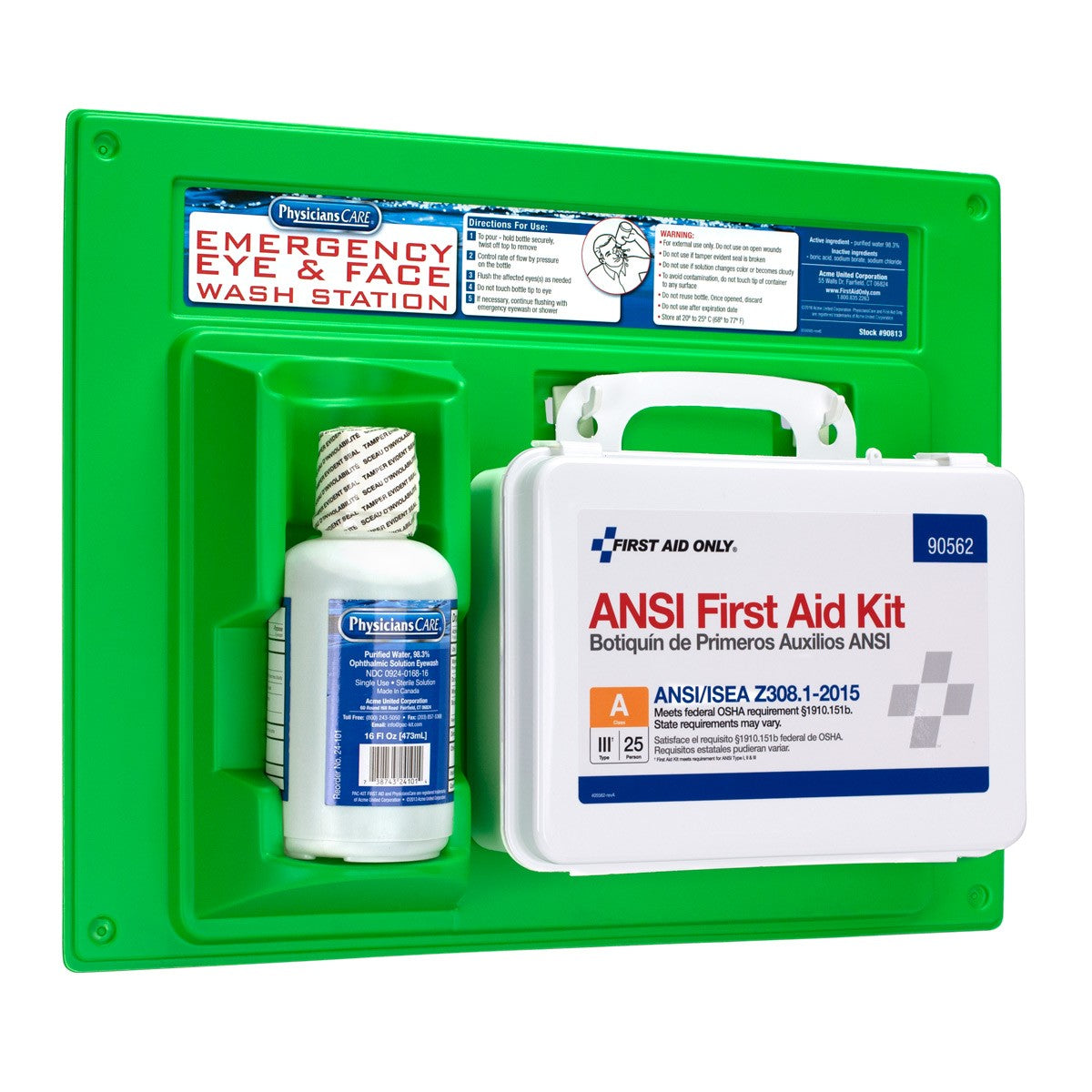 First Aid Only Eyewash Station, Single 16 oz. Screw Cap Bottle, with ANSI 215 First Aid Kit (6 per order)