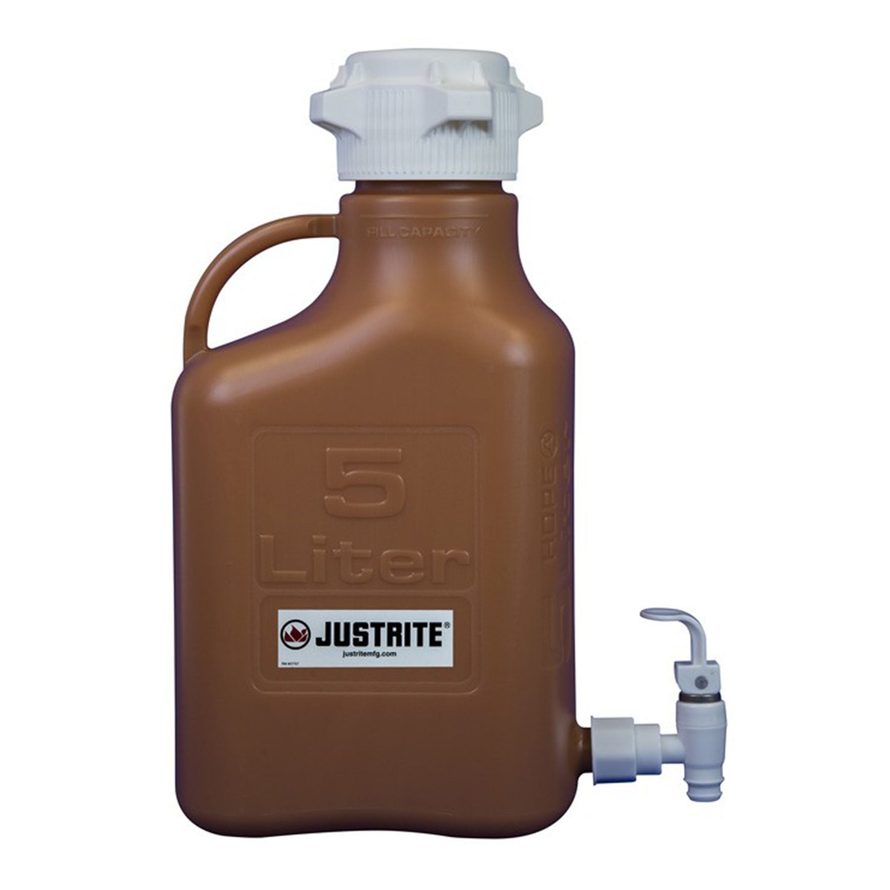 Justrite Carboy, High Density Polyethylene (HDPE), Amber, 83mm Cap, With Spigot