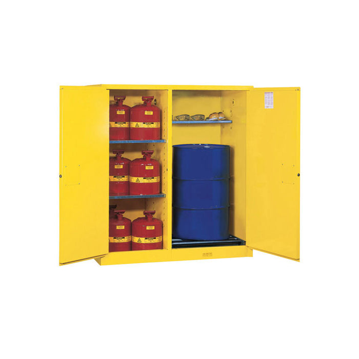 Justrite 115 Gallon, 1 Drum, 3 Shelves, 2 Doors, Manual Close, Double Duty Flammable Cabinet With Drum Rollers, Sure-Grip® EX, Yellow
