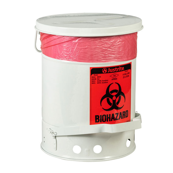 Justrite Biohazard Waste Can, 6 Gallon, Foot-Operated Self-Closing SoundGard™ Cover