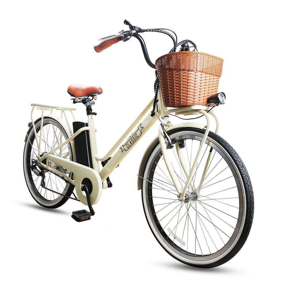NAKTO 26 inch 250W City Classic Electric Bicycle 6 Speed E-Bike 36V Lithium Battery White New