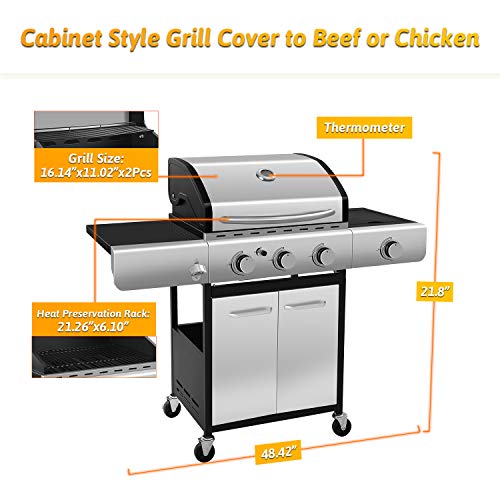 R.W.FLAME 34000 BTU Liquid Propane Grill with 3-Burner,Temperature Display, Bottle Opener, Side Burner, Cart Grills, Stainless Steel Gas BBQ Wagon