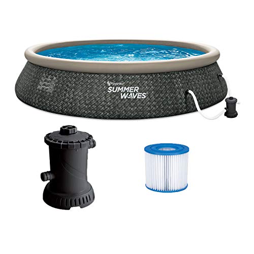 Summer Waves P1A01536A 15ft x 36in Round Quick Set Inflatable Ring Above Ground Swimming Pool with Filter Pump, Dark Gray Herringbone Print