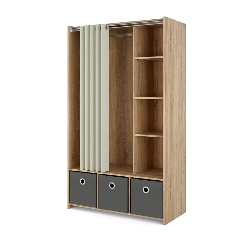 7 Cubby Curtain Storage Unit in Oak Structure and Natural
