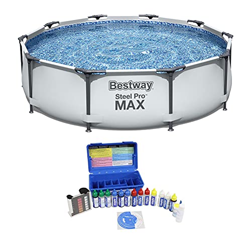 Bestway 10ft x 10ft x 25ft Steel Pro Round Family Swimming Pool & Water Test Kit