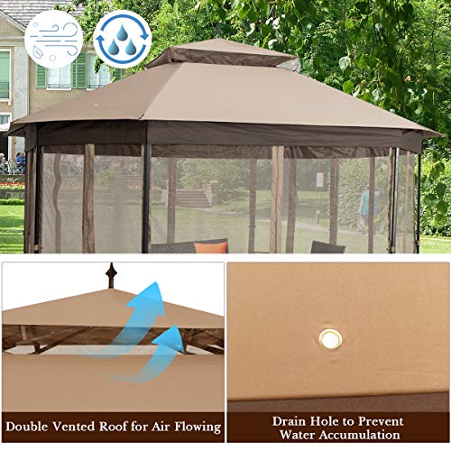 Tangkula 10 x 12 Ft Patio Gazebo, Heavy Duty Octagonal Gazebo Canopy w/Netting Sidewalls & Sturdy Steel Frame, Double Roof Vented Gazebo Canopy Shelter for Backyard Event Party BBQ (Brown)