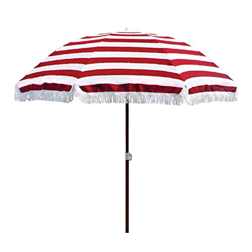 JLXJ Stripe Beach Umbrella with Sand Anchor, Fringe, Waterproof Windproof Sun Shade Patio Umbrellas, for Outdoor Pool Backyard (Color : Red)