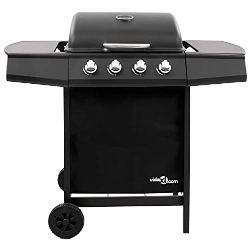Gas BBQ Grill Outdoor Freestanding Grill Food Cooking Stove with 4 Burners, with Side Table, BBQ Cover and Wheels Black