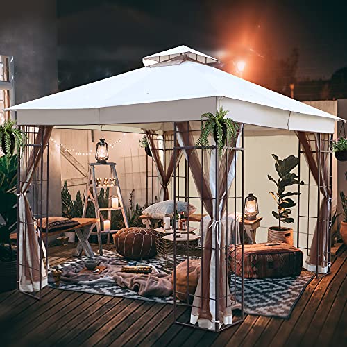 Hofzelt Lowell 10 x 10 Ft Gazebo Double Tiered Canopy Tent Steel Frame Outdoor Patio with 4 Side Mosquito Netting and One Side Curtain (Cream)