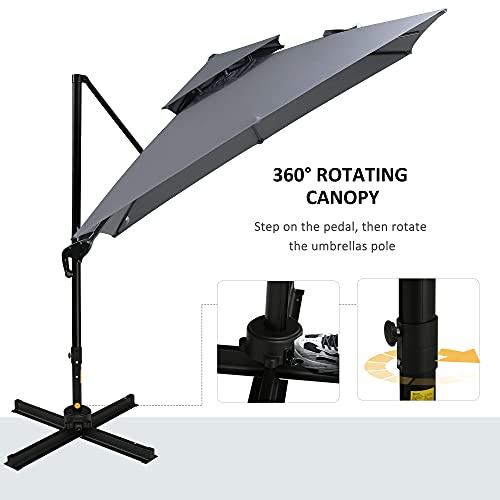 Outsunny 10' 2-Tier Canopy Cantilever Patio Umbrella with Rotating Base & 5-Position Tilt, Grey
