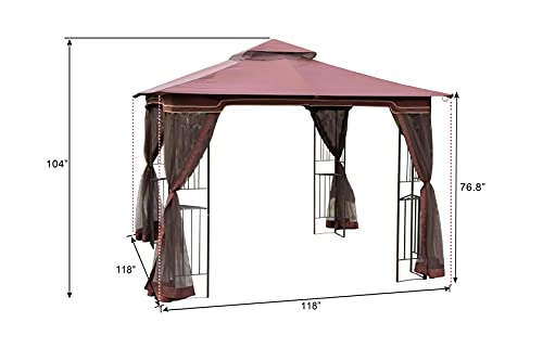 LUCKYBERRY Gazebos Patio 10' x 10' with Mosquito Netting, Brown