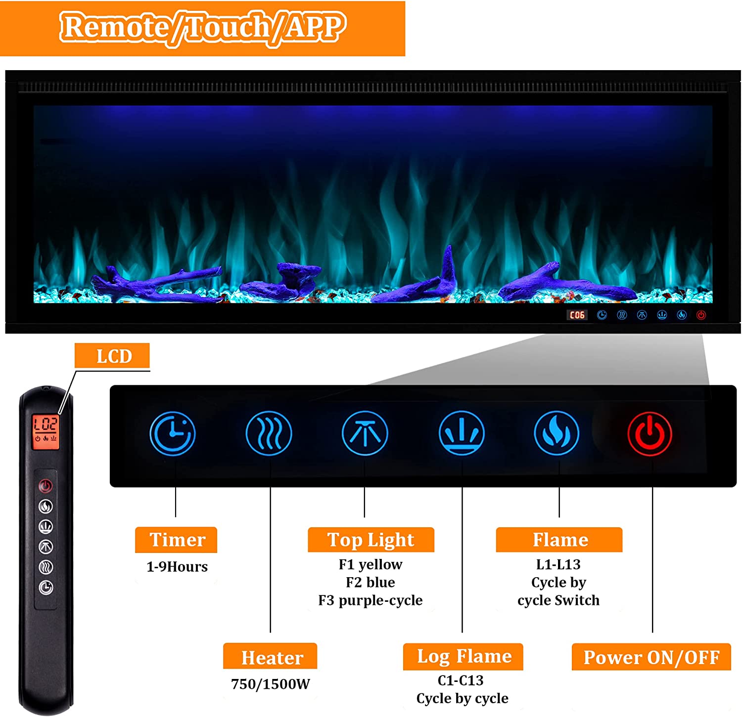 批量编辑标题Benrocks BI42Z 42 in. 750/1500W Recessed and Wall Mounted Fireplace with Remote and App Control Black New