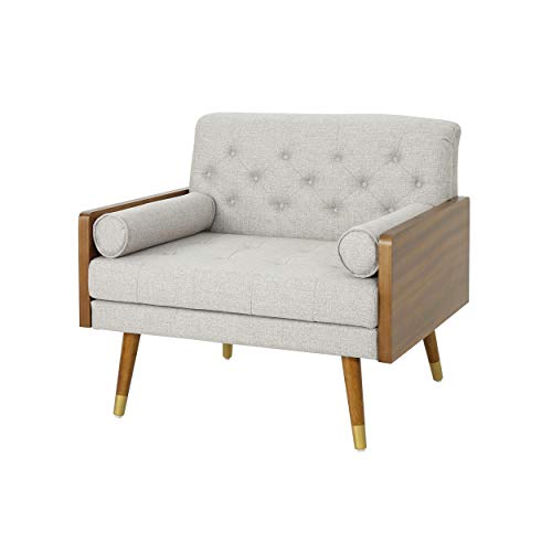 Christopher Knight Home Aidan Mid Century Modern Tufted Fabric Sofa, Beige & Greta Mid Century Modern Fabric Club Chair, Beige, Dark Walnut