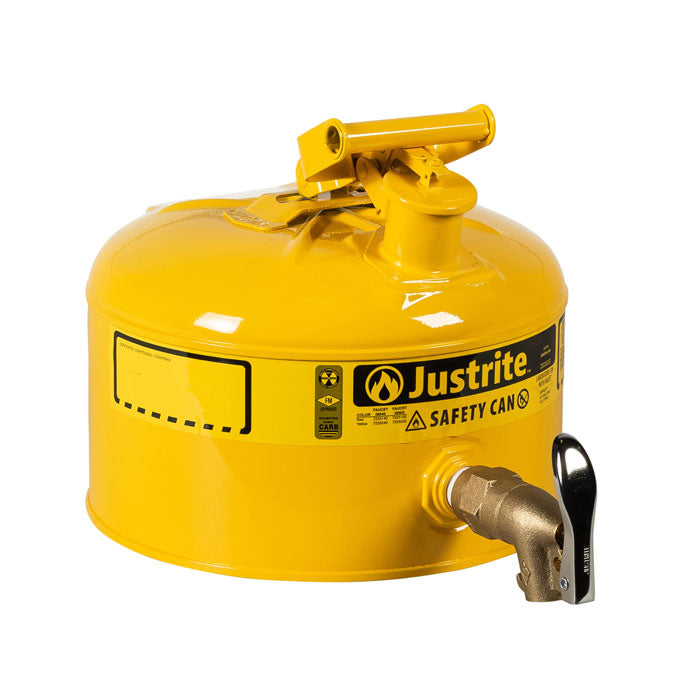 Justrite 2.5 Gallon Steel Safety Can For Laboratories, Type I, Rigid Bottom Brass Faucet
