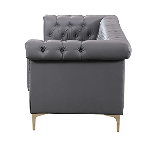 Iconic Home Winston Modern Tufted Gold Nail Head Trim Grey PU Leather Sofa with Gold Tone Metal Y-Legs