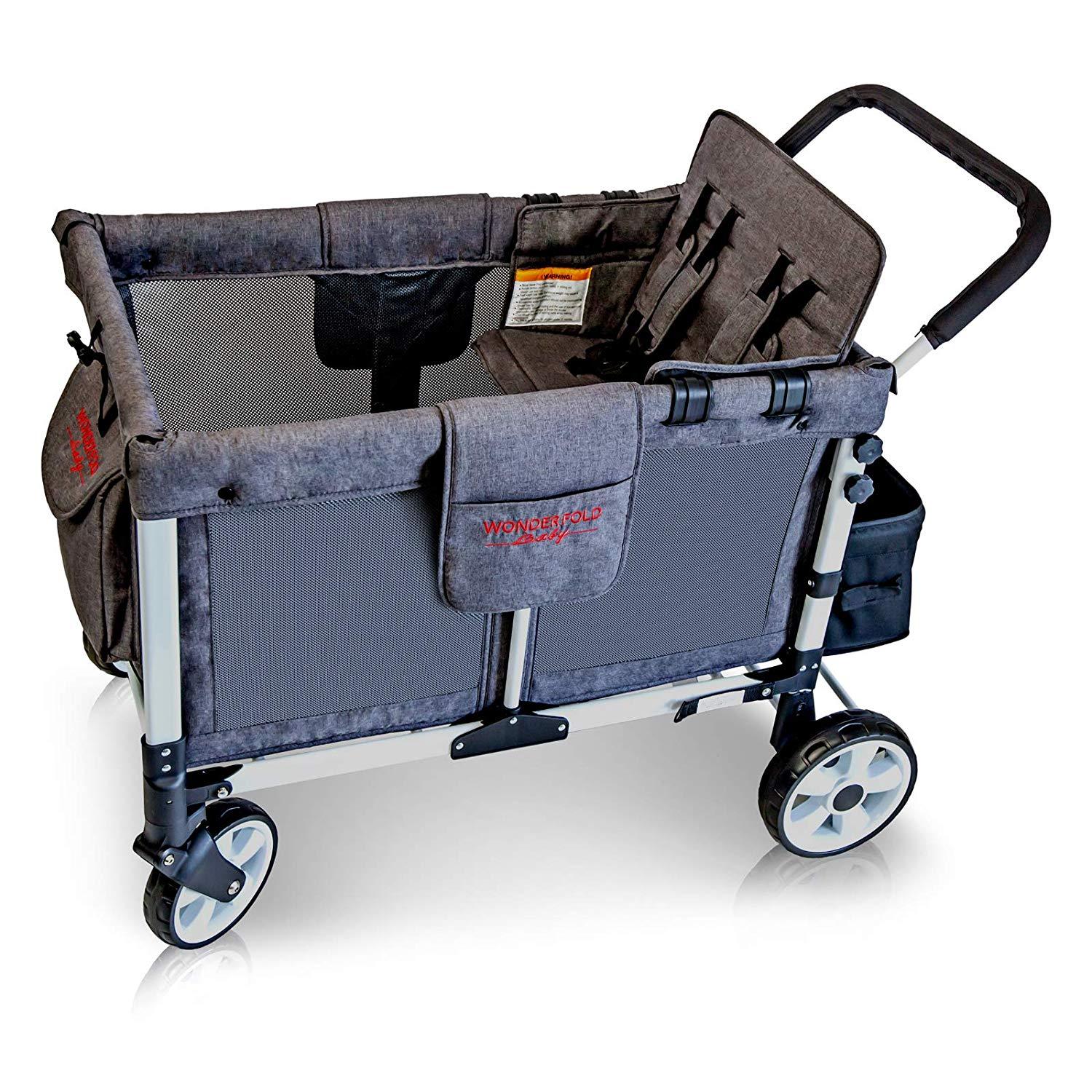 WonderFold Baby Multi-Function Folding Quad Stroller Wagon with Removable Canopy and Seats Gray New