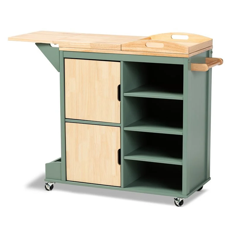 Dorthy Two-tone Dark Green and Natural Wood Kitchen Cart
