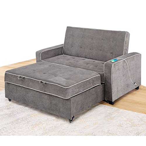 65” Modern Fabric Linen Upholstered Convertible USB Folding Futon Couch Sofa Bed, Foldable Loveseat, Loveseats Furniture for Compact Small Space, Dorm, Living Room Apartment, Office, Dark Grey
