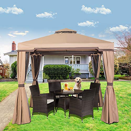 Oakmont Outdoor Patio Furniture 10' x 10' Soft-Top Garden Gazebo Canopy Umbrella,with Net Drapery,Mosquito Netting and Shade Curtains,Brown