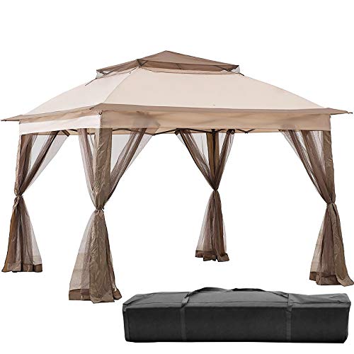 INWAVE Pop up Gazebo 11x11ft Backyard Gazebo Brown Outdoor Canopy Gazebo with Netting for Backyard, Outdoor, Patio and Lawn
