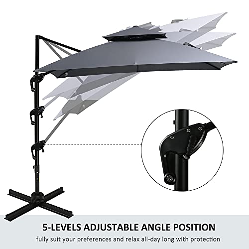 Outsunny 10' 2-Tier Canopy Cantilever Patio Umbrella with Rotating Base & 5-Position Tilt, Grey