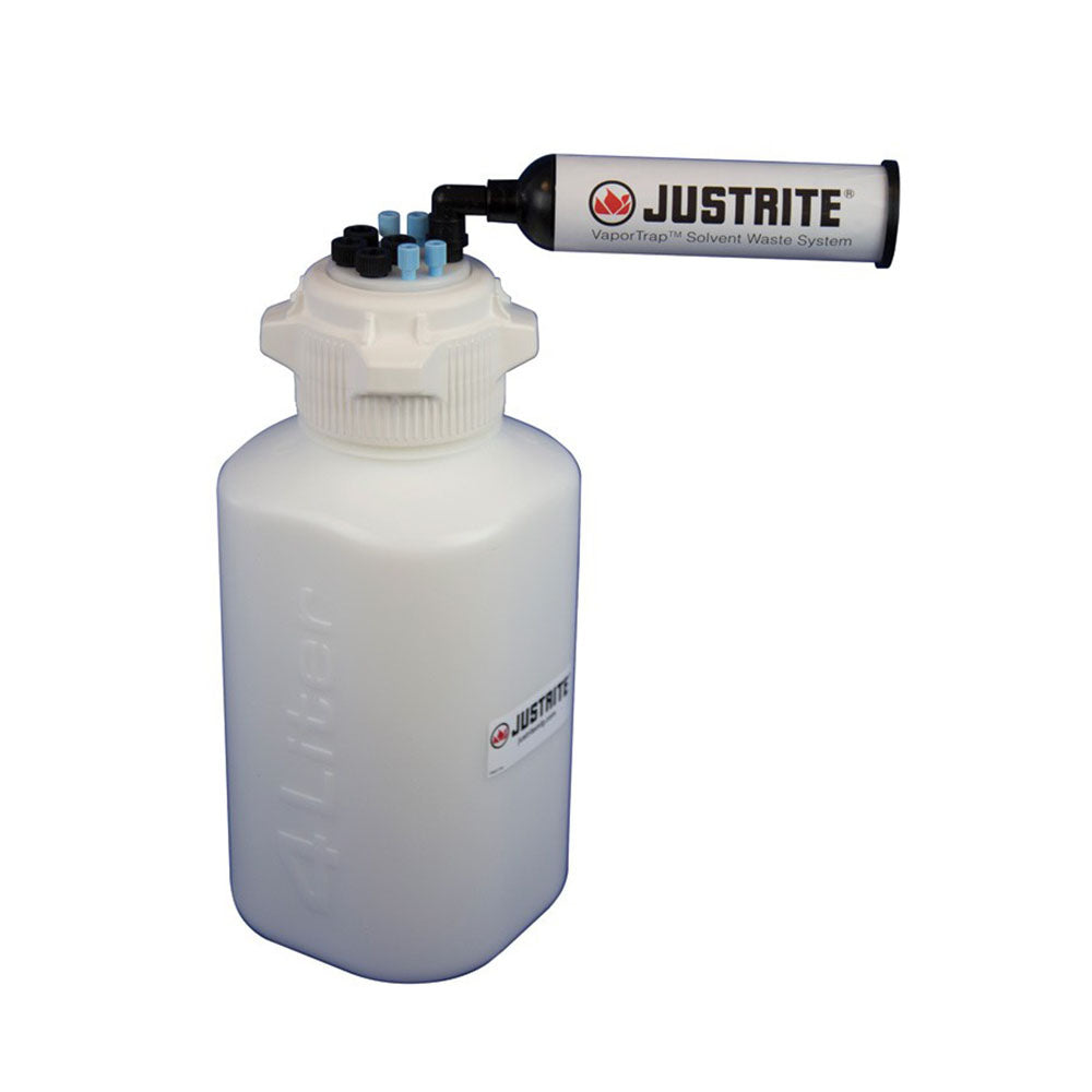 Justrite VaporTrap™ Carboy With Filter Kit, 4L HDPE, 83mm Cap, 4 Ports 1/8'' OD Tubing, 4 Ports 1/4