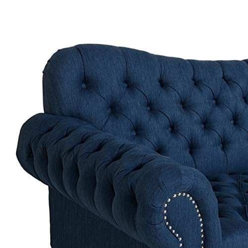 Christopher Knight Home Nathan Chesterfield Button Tufted Fabric 3 Seater Sofa, Navy Blue, Dark Brown